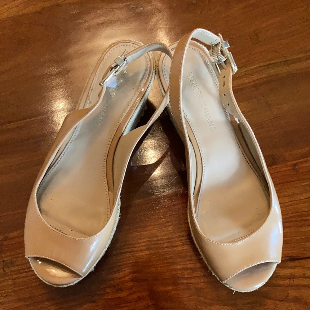 Arturo Chiang Open Peep Toe Tan Espadrille Wedges